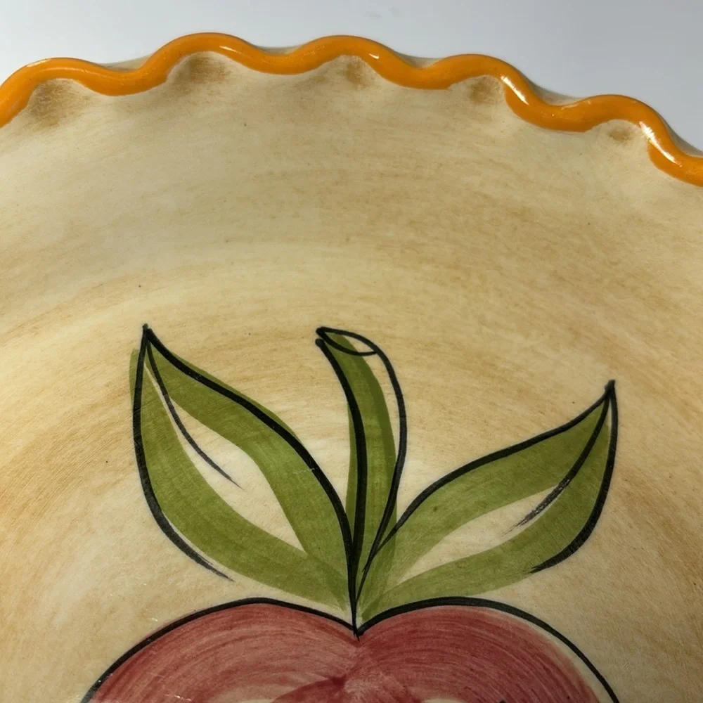 Los Angeles Potteries Ovenware Apple Pie Dish 9” Cream Tan Yellow Trim VTG 1971